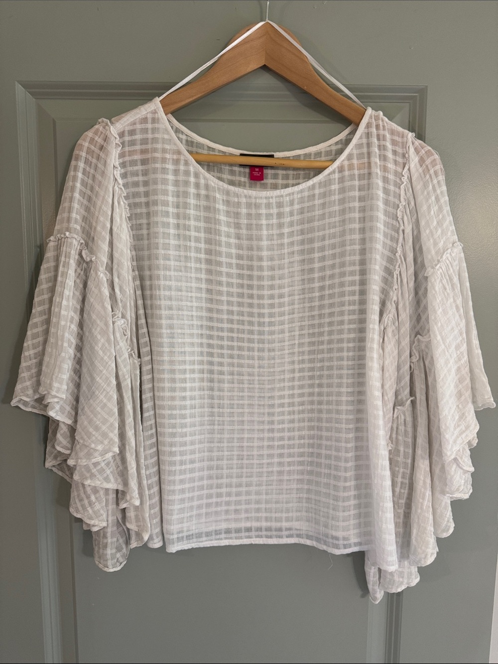 Vince Camuto Soft White Checked Ruffle Sleeve Blouse